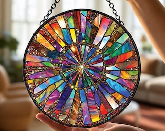 Rainbow Burst Stained Glass Suncatcher, Colorful Window Hanging, Abstract Glass Ornament, Boho Home Decor, Prism Sun Catcher Gift For Mom