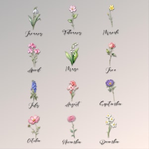 May include: A collection of watercolor illustrations of flowers, each representing a month of the year. The image includes flowers such as snowdrops, daffodils, roses, and daisies, with the month names written in cursive below each flower.