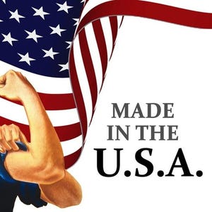 May include: An image with the American flag and the text "MADE IN THE U.S.A." in a bold font. A muscular arm flexes in the foreground. The design evokes a sense of national pride and quality.