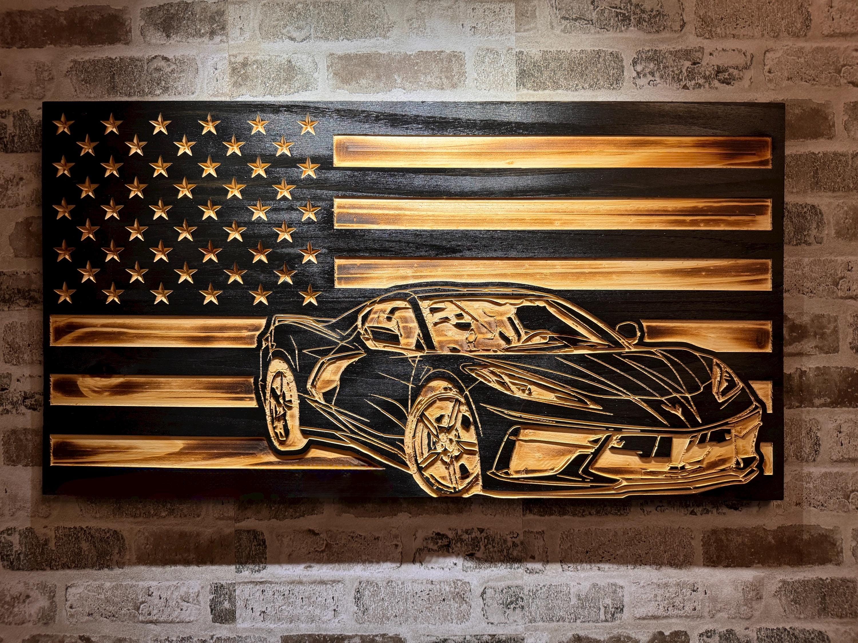 C7 Corvette American Flag Men's T-Shirt - Distressed Vintage Style (Black) - View #11