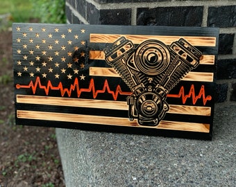 Handcrafted Pine Wood Motorcycle Flag, Rustic American Wall Art