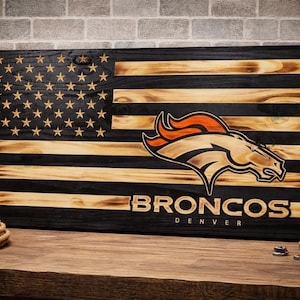 Denver Broncos Wooden American Flag Wall Art, Rustic Burned Pine Wood Sign