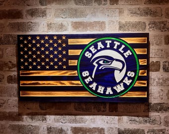 Bandera de madera de los Seattle Seahawks, hecha a mano, con decoración rústica americana (53 x 28 cm)