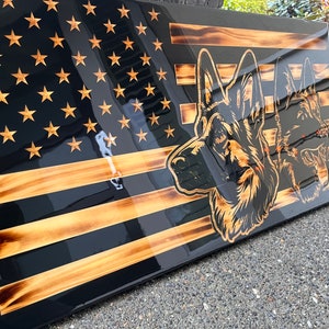 Epoxy coated American Flag, german shepherd art,  Rustic wood flag, mountain wall hanger 16"x30"