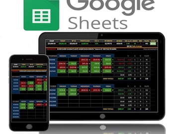 Könnte beinhalten: Ein Screenshot einer Google Sheets-Tabelle auf einem Tablet und einem Smartphone. Die Tabelle ist ein Finanztracker mit Spalten für Datum, Gewinn/Verlust und andere Finanzdaten. Die Tabelle wird auf einem schwarzen Hintergrund mit grünen und roten Zellen angezeigt. Der Text "Google Sheets" wird in Weiß auf grünem Hintergrund angezeigt. Der Text "TAKE IT ANYWHERE!" wird in Weiß auf schwarzem Hintergrund angezeigt.