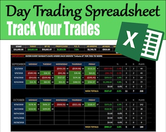 May include: A green and black spreadsheet with the title "Day Trading Spreadsheet Track Your Trades" and a green Excel icon. The spreadsheet is divided into columns for date, day of the week, and trading data. The spreadsheet shows data for September and October 2018.