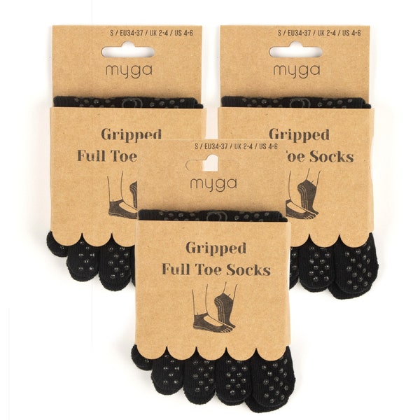 Myga Toe Socks - 3  Pairs of Non Slip Grip Socks for Yoga, Pilates, Fitness, Dance & Sports with Gel Soles for Barefoot Workouts - Black