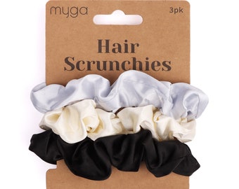 Myga Satin Hair Scrunchies - 3pcs Soft Elastic Hair Ties for Women - Ponytail Holders for Curly, Thin and Thick Hair - Black, White & Silver