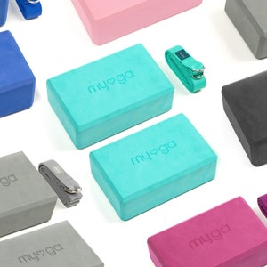 Myga Yoga Blocks & Strap Set - 2 High Density Foam Bricks and Metal D Ring Belt - Choice of Colour
