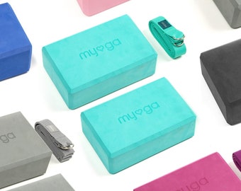 Myga Yoga Blocks & Strap Set - 2 High Density Foam Bricks and Metal D Ring Belt - Choice of Colour