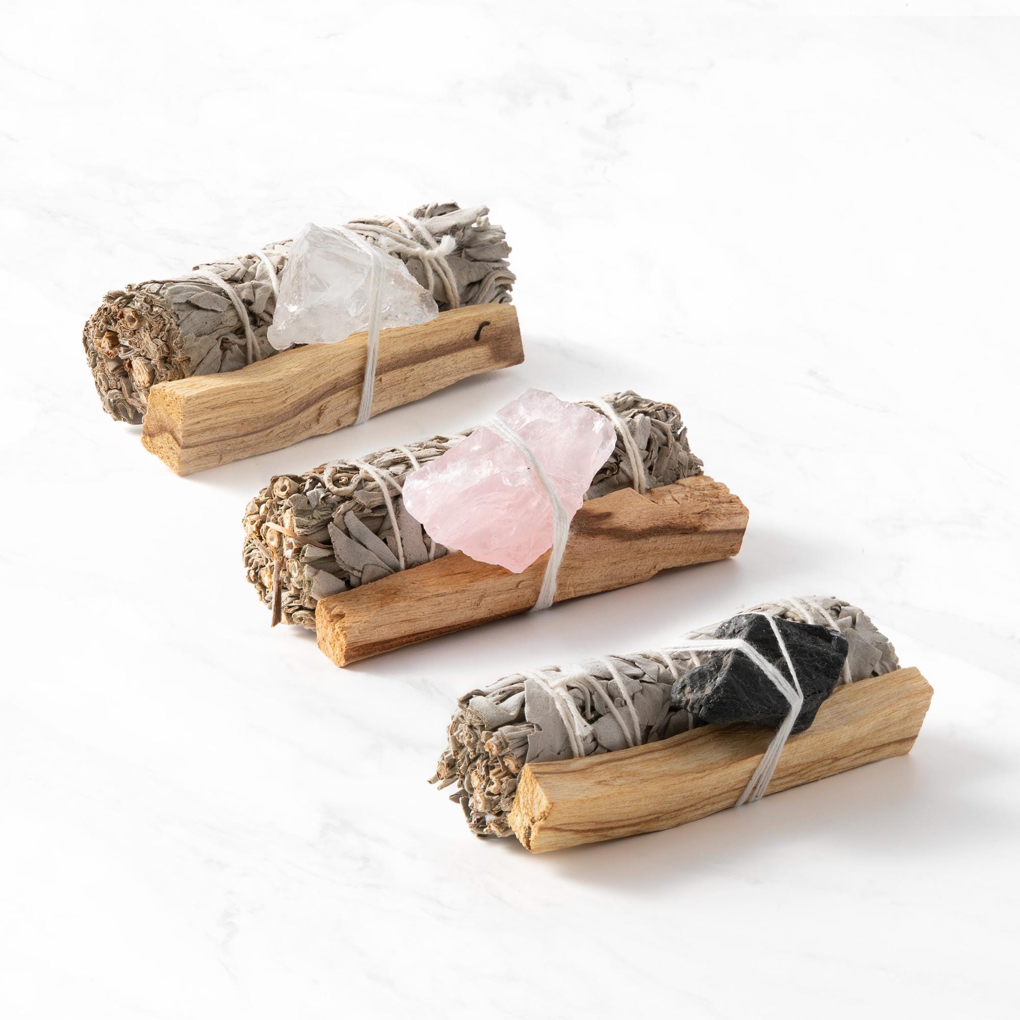 Smudge Ritual Set mit Palo Santo, Salbei und Heilstein in Glasröhrchen - Erdungs-, Schutz- und Energie-Reinigungsset