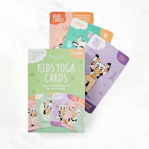 Tarjetas de yoga para niños - 52 tarjetas ilustradas de actividades y posturas para niños - Baraja de atención plena y movimiento - Set educativo Myga