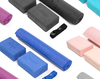 Myga Yoga Starter Set - Yogamatte, 2 Blöcke, Yogagurt - Wunschfarbe