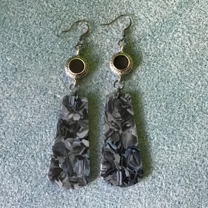 Blue, black, gray and white acetate drop with black & silver connector pierced earrings