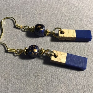 Navy Wood Bar Earrings: Gold Speckled Acrylic Cube, Handmade