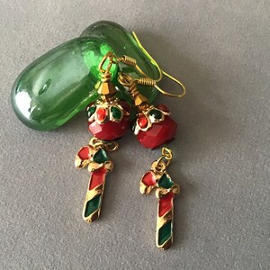 Holiday earrings in red, green & gold with crystals and candy cane charms