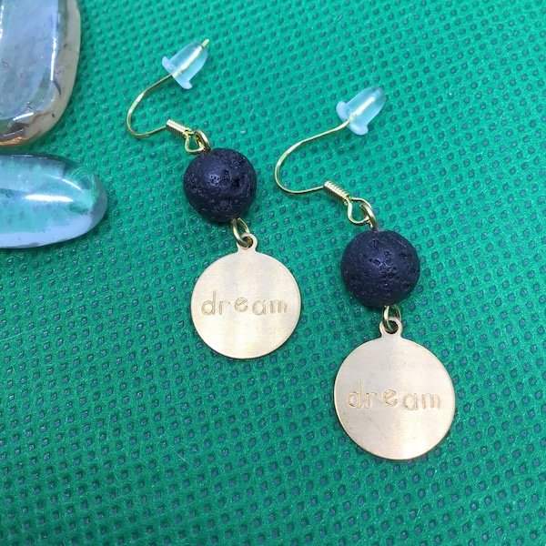 Black lava rock round bead connector with brushed gold tone stamped flat circle charm DREAM pierced earrings