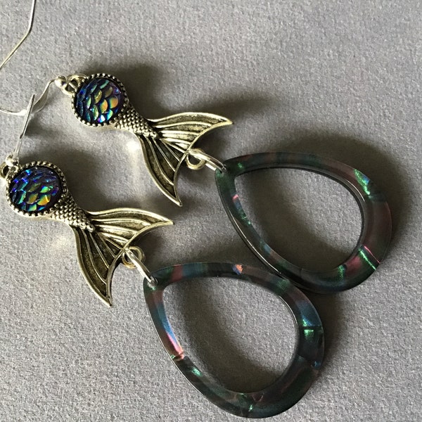 Mermaid tail silver tone iridescent scales charm with multi colored open design teardrop acetate pierced earrings