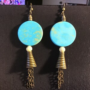 Turquoise and pale yellow gemstone beads with antique brass bead caps, spacers and chain pierced earrings