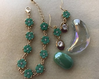 Mint green & gold flower chain bracelet and earrings set with diamond rhinestones