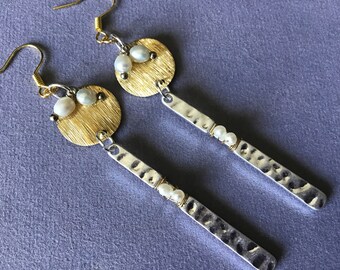 Silver, gold & fresh water pearl pierced earrings with brushed flat gold connector and silver bar dangle