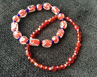 Red, white & blue glass, seed bead and acrylic stretch 2 piece bracelet set