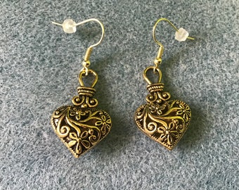 Antique gold puffy heart pierced earrings with open flower design