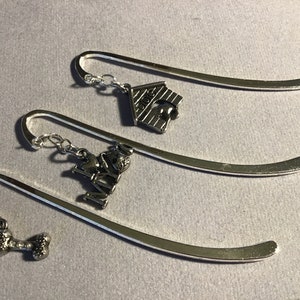 Silver tone colored bookmarks with different dog charms bone doghouse I love my dog (3 options)