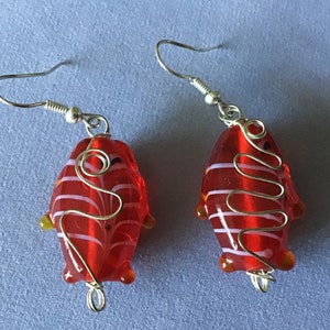 Red glass wire wrapped fish Lampwork bead pierced earrings