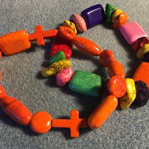 Multi colored nugget, rectangle, cross & orange howlite gemstone stretch bracelet set