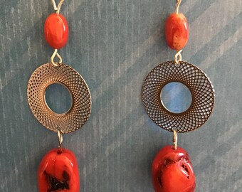 Red coral gemstone beads with silver open circle connector dangle pierced earrings