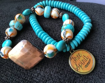 Turquoise, howlite, acrylic white swirl beads & antique copper with brass Free Spirit charm bracelet set