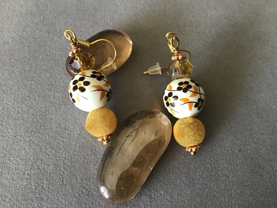 Autumn Ceramic Earrings With Flowers Crystals Felt Accents Etsy