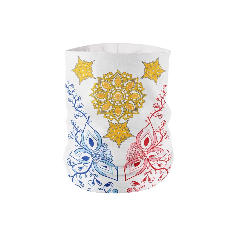 May include: White neck gaiter with a colorful floral design. The design features blue, red, and yellow flowers with intricate details. The flowers are surrounded by a white background.