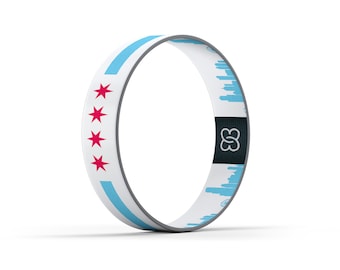 May include: White silicone wristband with a blue and white Chicago skyline design and red stars. The wristband has a black logo with the letters "88" intertwined.