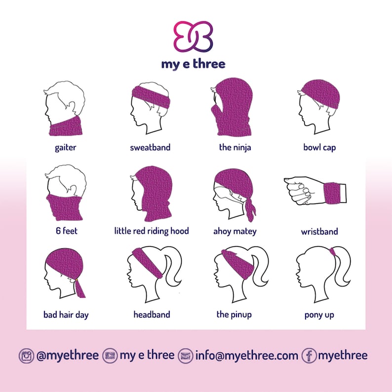 May include: A graphic showing different ways to wear a purple tube scarf. The scarf can be worn as a gaiter, headband, wristband, ponytail holder, and more.