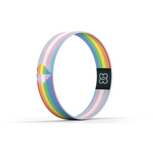 May include: A rainbow and transgender pride flag patterned wristband with a black logo that says "∞"