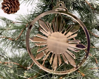 Philippine Sun Christmas Ornament • Rose and Yellow Gold Mirror Acrylic, Personalized