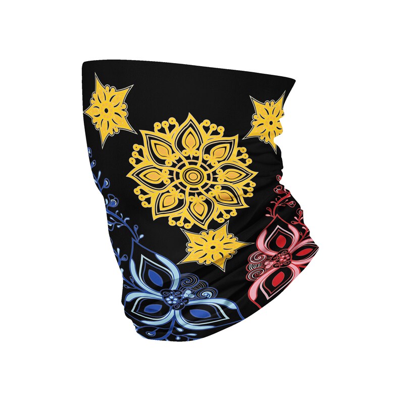 May include: A black face mask with a colorful floral pattern. The pattern features yellow, red, and blue flowers on a black background.