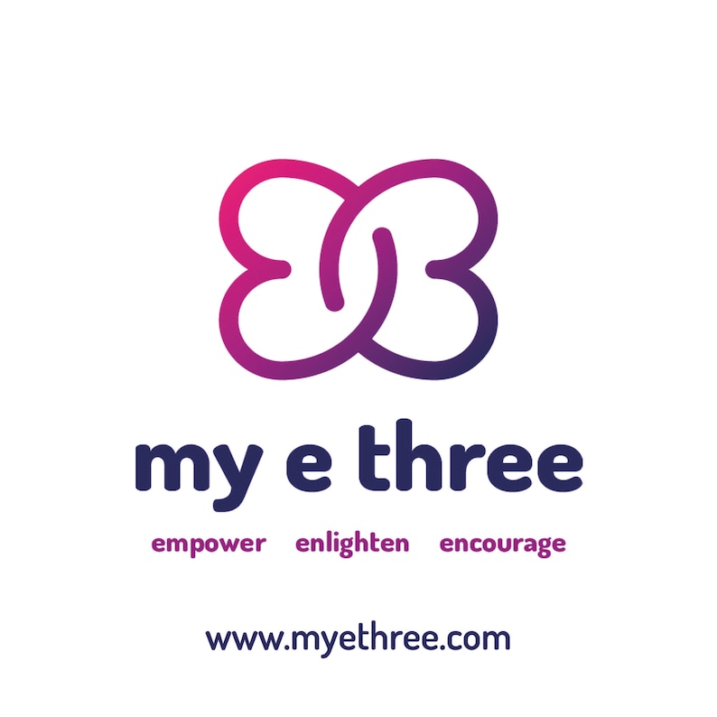 May include: A logo for a company called "my e three" with the tagline "empower enlighten encourage". The logo is a stylized purple and pink infinity symbol.