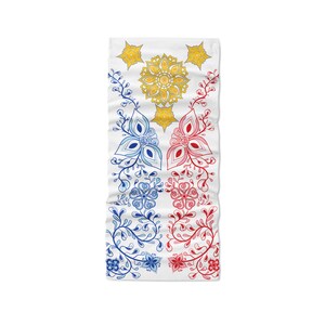 May include: A white bandana with a floral design in red, blue, and yellow. The design features stylized flowers and leaves.