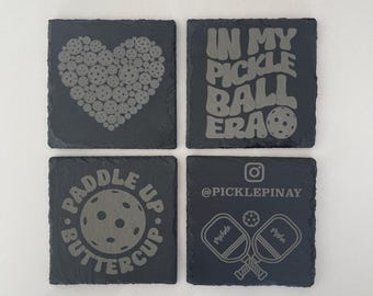 Custom Pickleball-Themed Slate Coasters set of 4, Pickleball Gifts, Personalized Coasters Laser