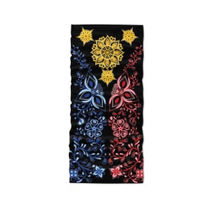 May include: A black neck gaiter with a floral design. The design features red, blue, and yellow flowers on a black background.