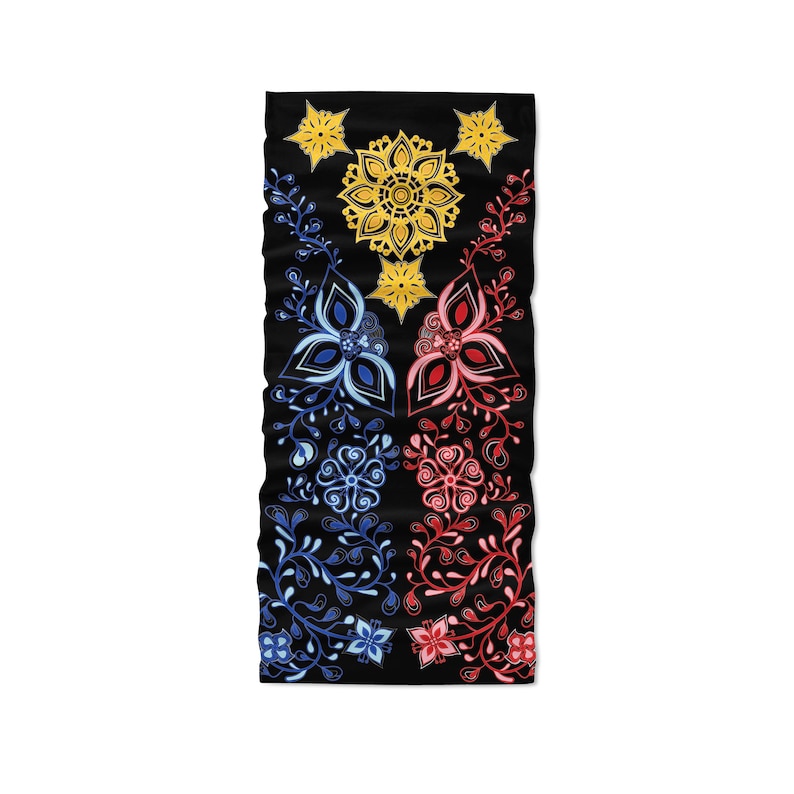 May include: A black neck gaiter with a floral design. The design features red, blue, and yellow flowers on a black background.