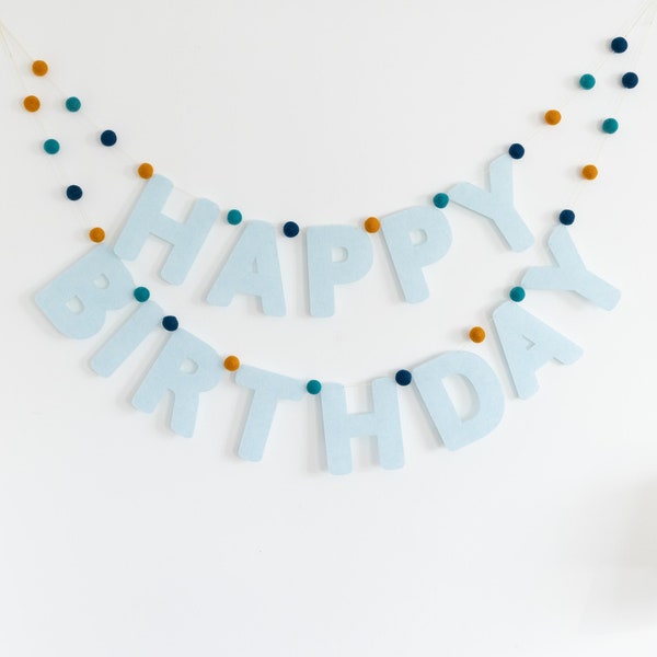 Happy Birthday felt garland 'No 1c' with felt balls, party decoration for children's birthday, birthday decoration