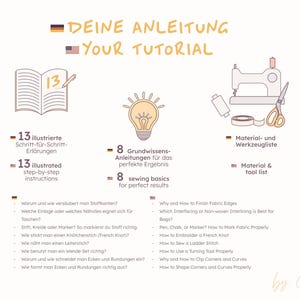 May include: A sewing tutorial guide featuring 13 illustrated step-by-step instructions, a material and tool list, and 8 sewing basics. Topics include finishing fabric edges, using interfacing, marking fabric, French knots, ladder stitches, and shaping.