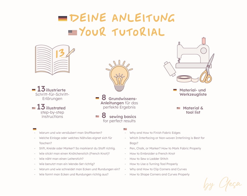 May include: A sewing tutorial guide featuring 13 illustrated step-by-step instructions, a material and tool list, and 8 sewing basics. Topics include finishing fabric edges, using interfacing, marking fabric, French knots, ladder stitches, and shaping.