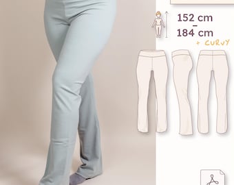 Mid-rise leggings sewing pattern with foldover waistband & flared leg – women sizes 30–48 – Petite Plus to Tall Plus incl. Curvy