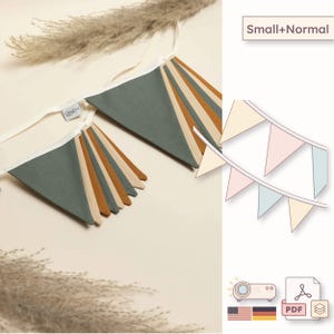 Peut inclure: Une guirlande en tissu composée de fanions triangulaires dans des tons sourds de vert sauge, beige et ocre, fixés sur un ruban blanc. L'image inclut une illustration numérique de fanions pastel et le texte Small+Normal avec des icônes PDF.