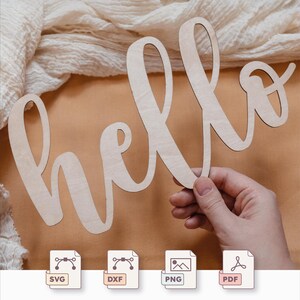 Könnte beinhalten: Ein Holzausschnitt des Wortes "hello" in einer kursiven Schriftart. Der Ausschnitt ist hellbraun und hat eine natürliche Holzmaserung. Der Ausschnitt wird von einer Hand vor einem hellbraunen Hintergrund gehalten.
